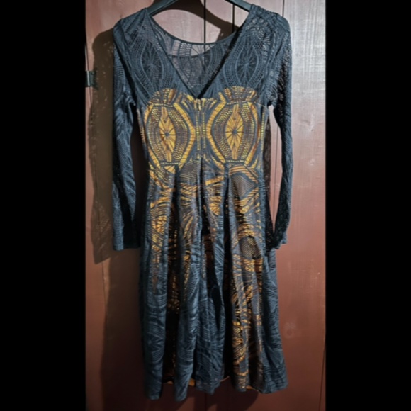 Eva Franco Embroidered Laced Long Sleeve Fit & Flare Dress Black/Orange Size 6 - Picture 7 of 10